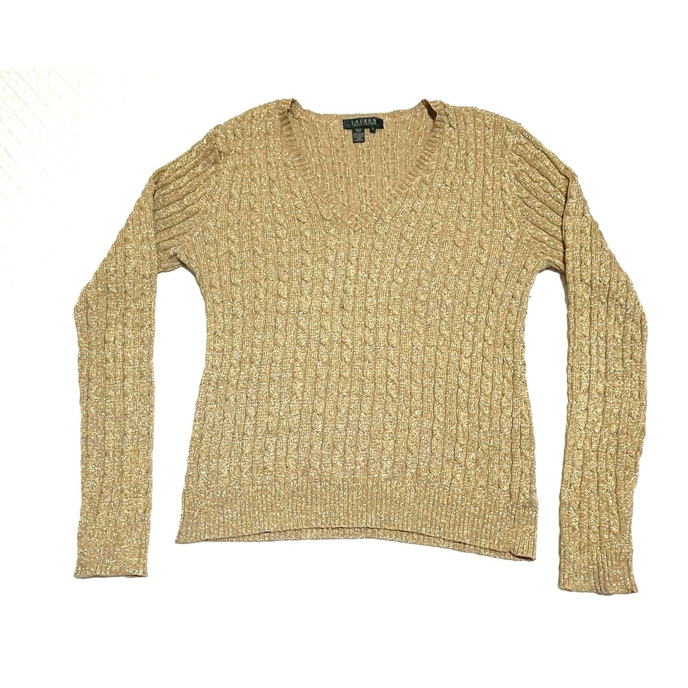 Ralph‎ Lauren Women's XL V-Neck Cable Sweater Holiday Gold Metallic Preppy